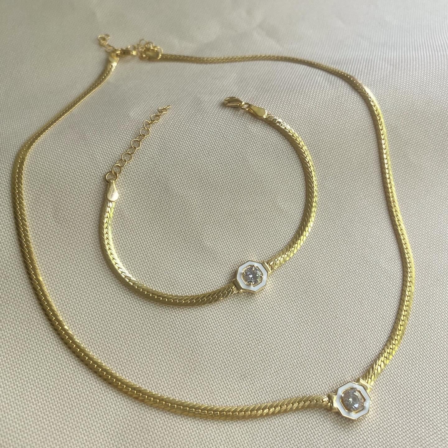 14k Altın Kaplamalı Gümüş Beyaz Mineli Taşlı Kolye Bileklik