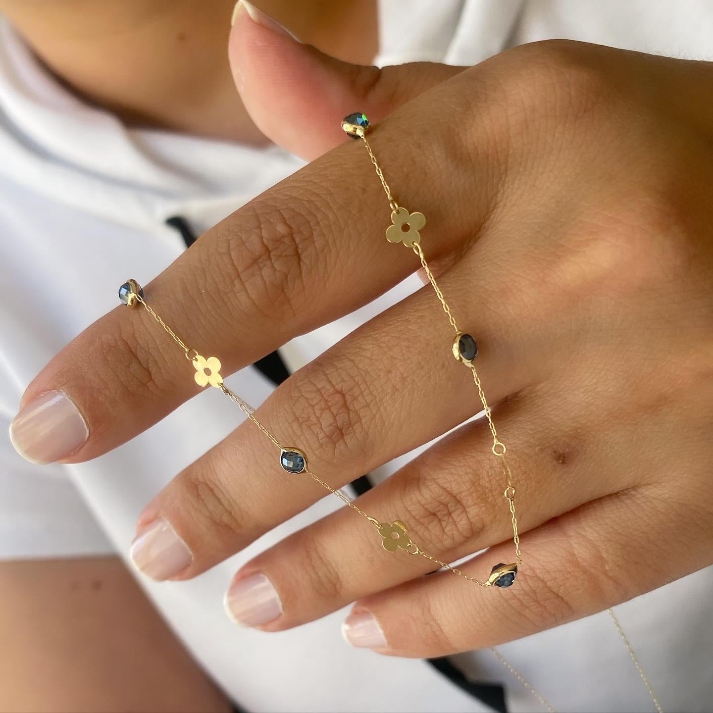 14k Altın Mavi Taşlı Çiçek Zincir Kolye