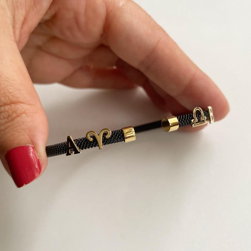 14k Altın Burç Detaylı Siyah Çelik Bileklik