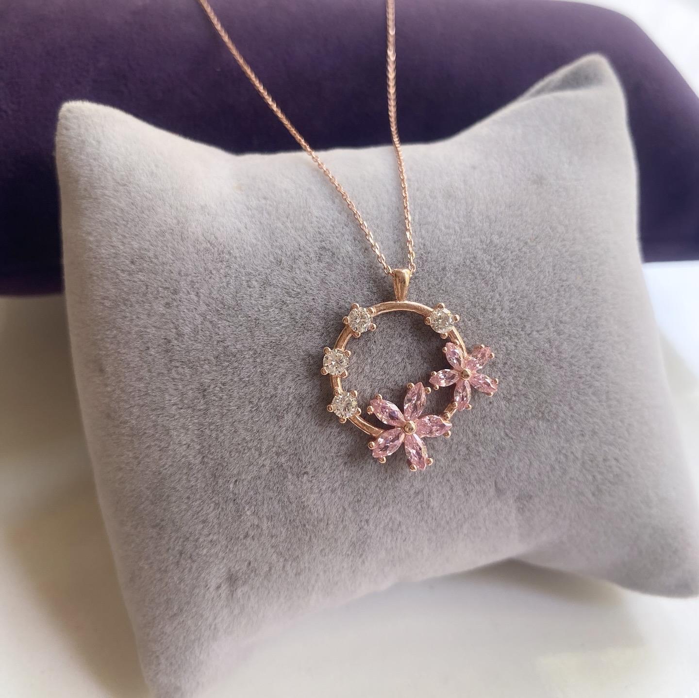 Pembe Taşlı Rose Altın Kaplamalı Gümüş Yuvarlak Kolye