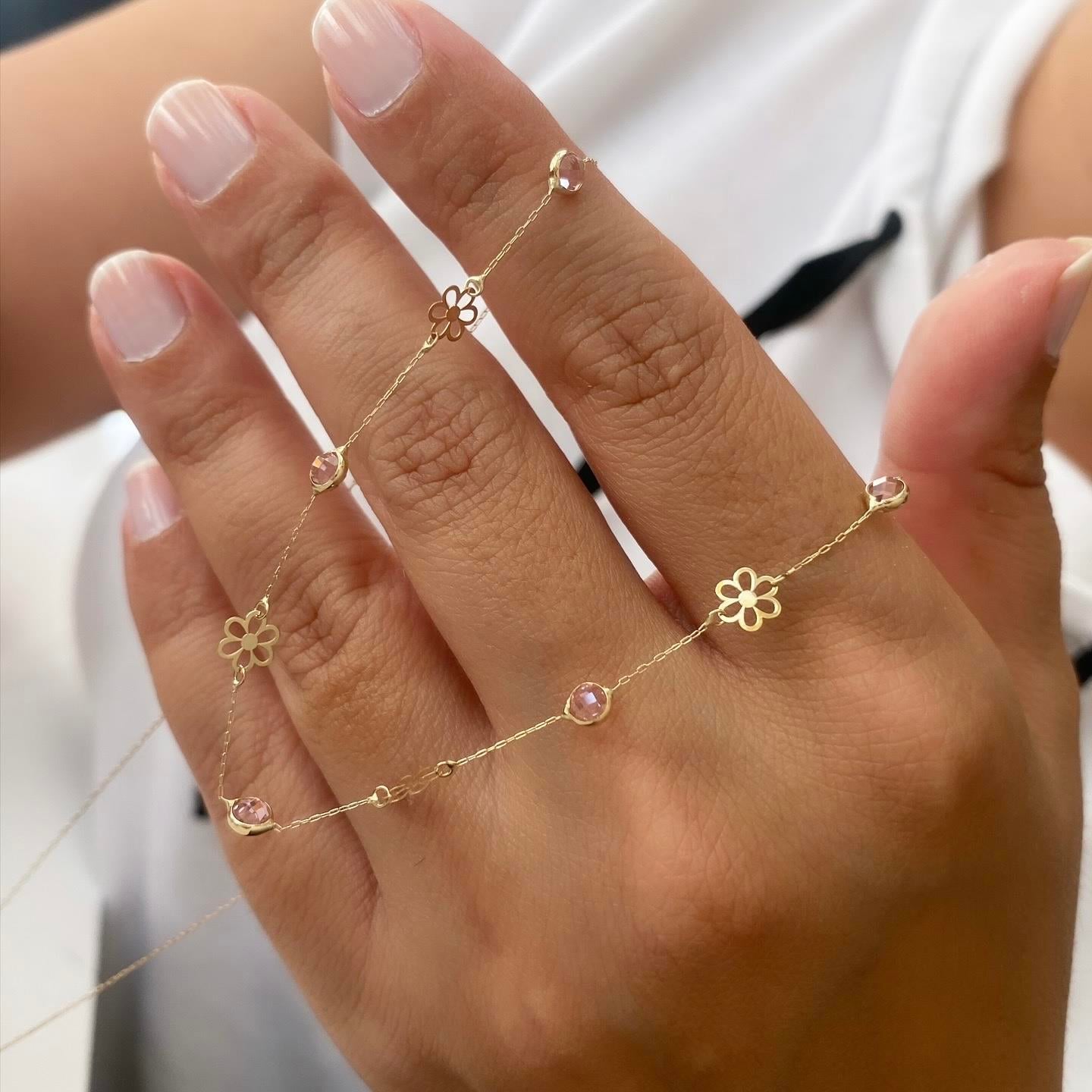14k Altın Pembe Taşlı Çiçek Motifli  Zincir Kolye