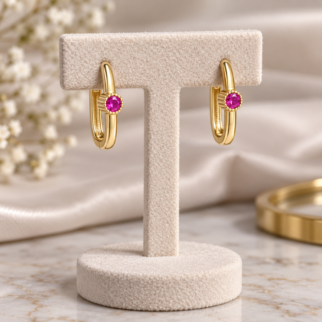 Pembe Taşlı 14 Ayar Altın Minimal Küpe