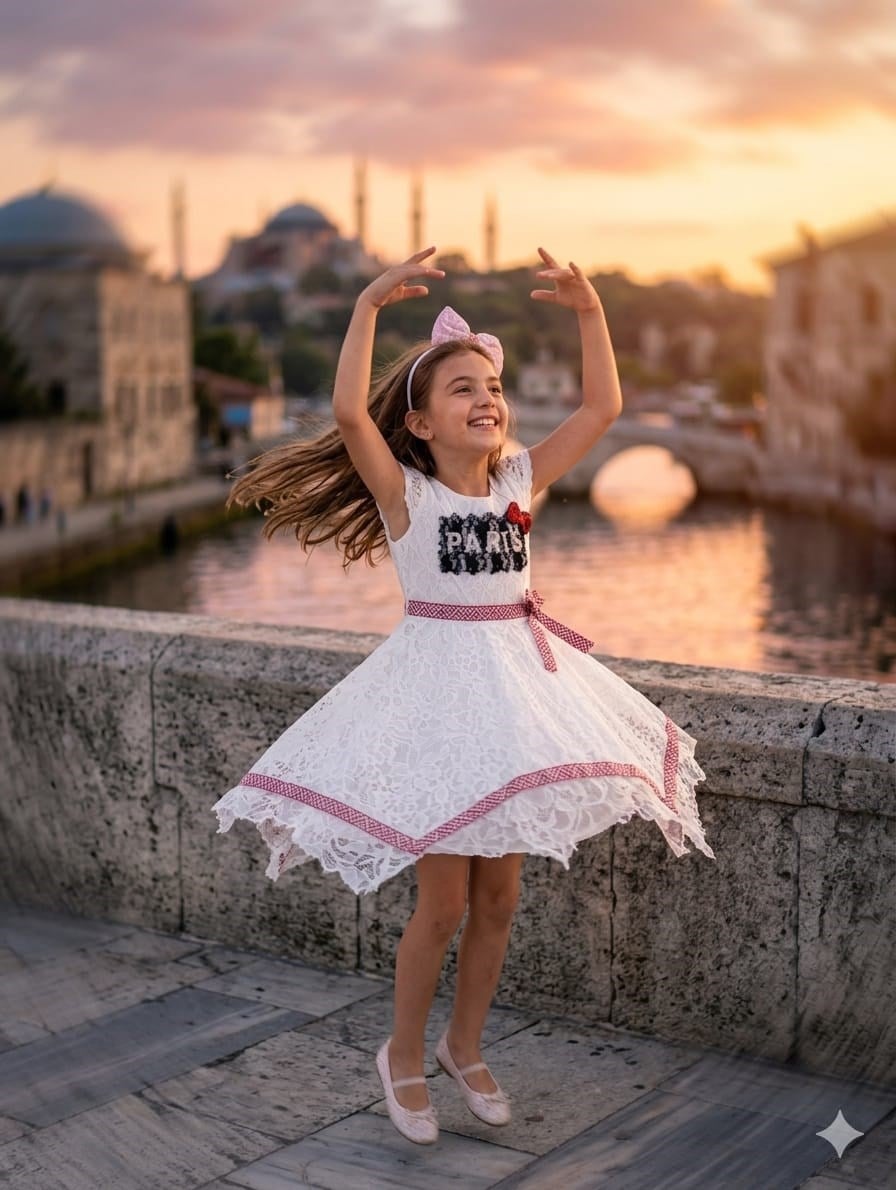 Asimetrik Şeritli Kız Çocuk Beyaz Dantelli ElbiseElbiseHilal Akıncı Kids