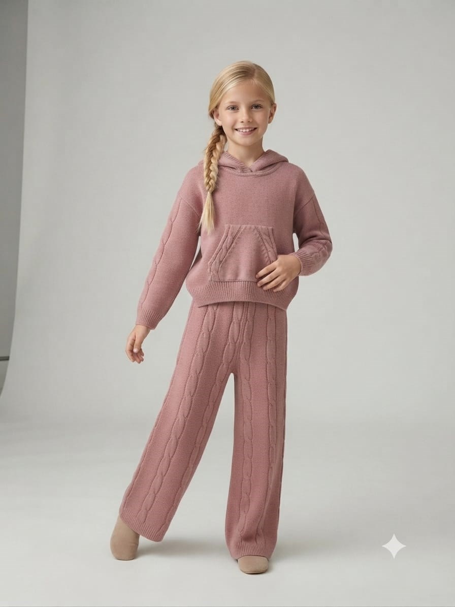 Burgu Örgü Detaylı Kapüşonlu Triko Sweatshirt Triko Pantolon 2'li TakımAlt-Üst TakımHilal Akıncı Kids