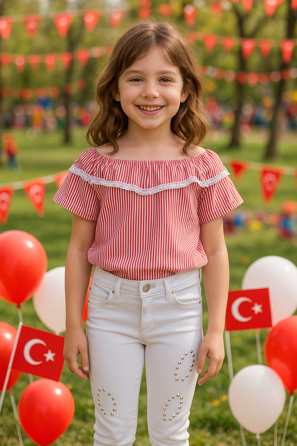 Çizgili Kayık Yaka Bluz ve Beyaz PantolonKız ÇocukHilal Akıncı Kids