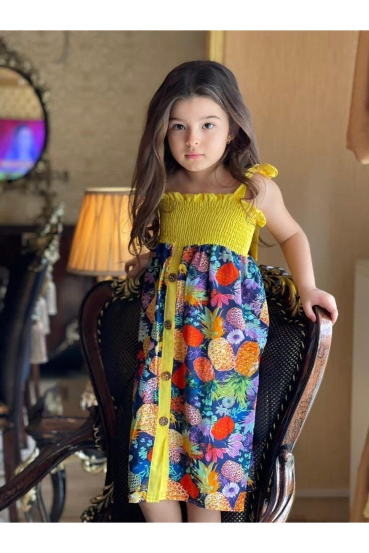 Kız Çocuk Ananas Baskılı Gipeli Askılı ElbiseElbiseHilal Akıncı Kids