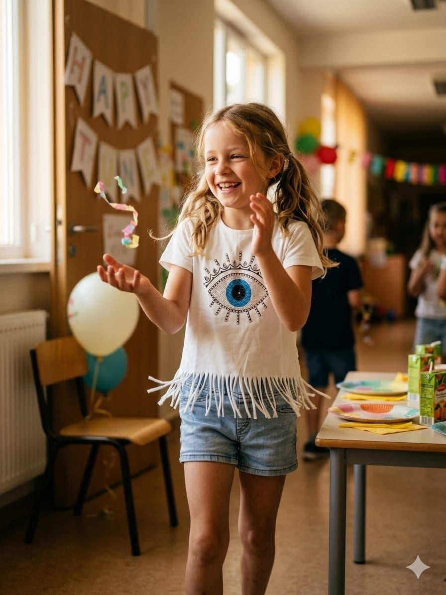 Kız Çocuk Bohem Tarz Göz Baskılı Saçak Deteylı Tişört Ve Kot Şort 2`li Takım Alt-Üst TakımHilal Akıncı Kids