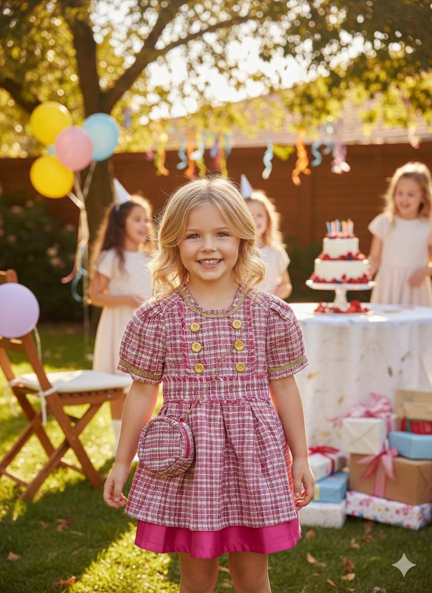 Kız Çocuk Chanel Kumaş Gold Düğmeli Etek Içi Astarlı Tütülü Elbise Çanta Saç Tacı 3'lü TakımElbiseHilal Akıncı Kids