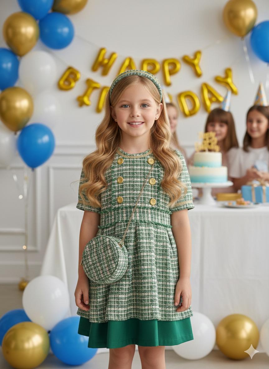 Kız Çocuk Chanel Kumaş Gold Düğmeli Etek Içi Astarlı Tütülü Elbise Çanta Saç Tacı 3'lü TakımElbiseHilal Akıncı Kids