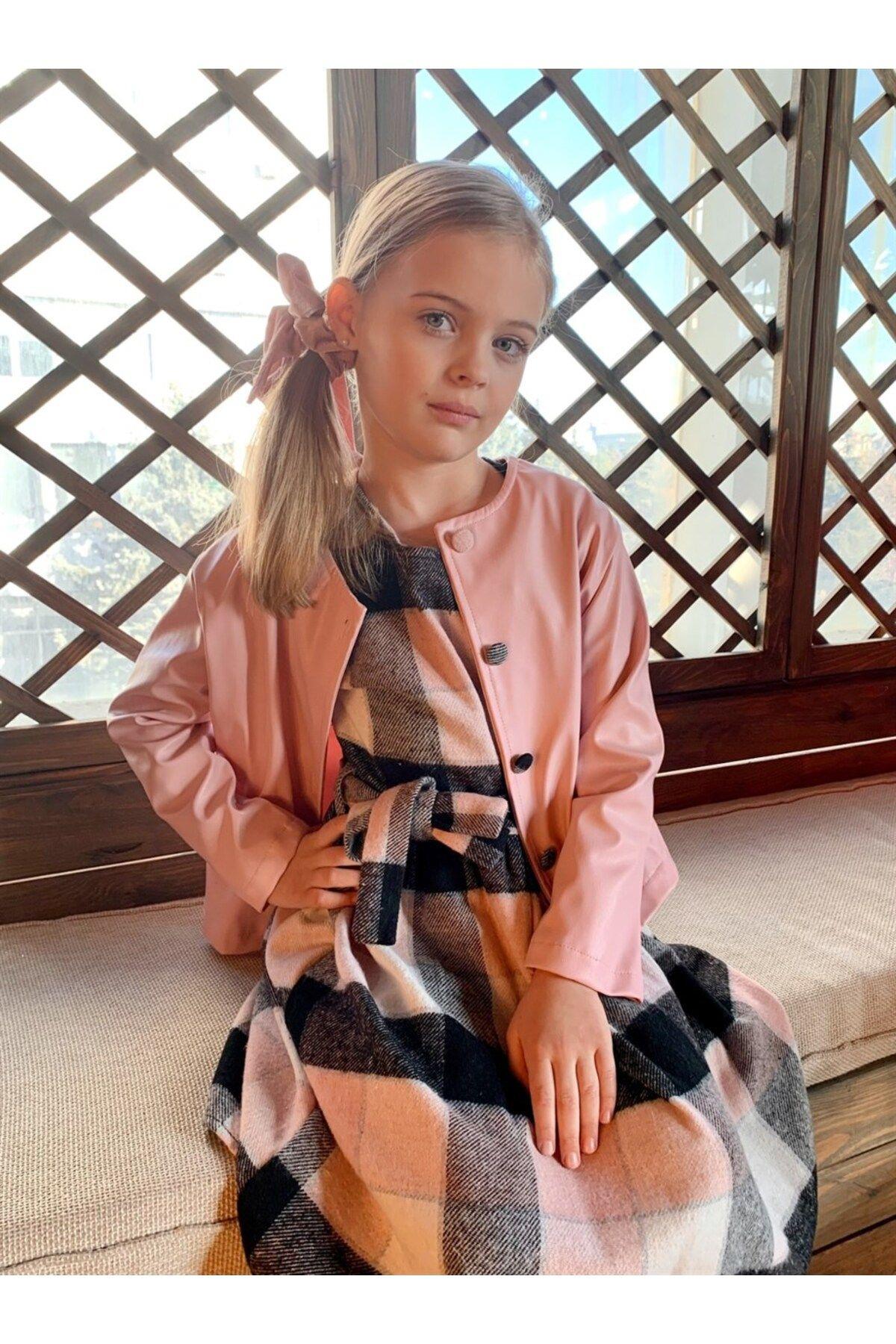 Kız Çocuk Deri Ceket Oduncu Kumaş Elbise 2'li TakımElbiseHilal Akıncı Kids