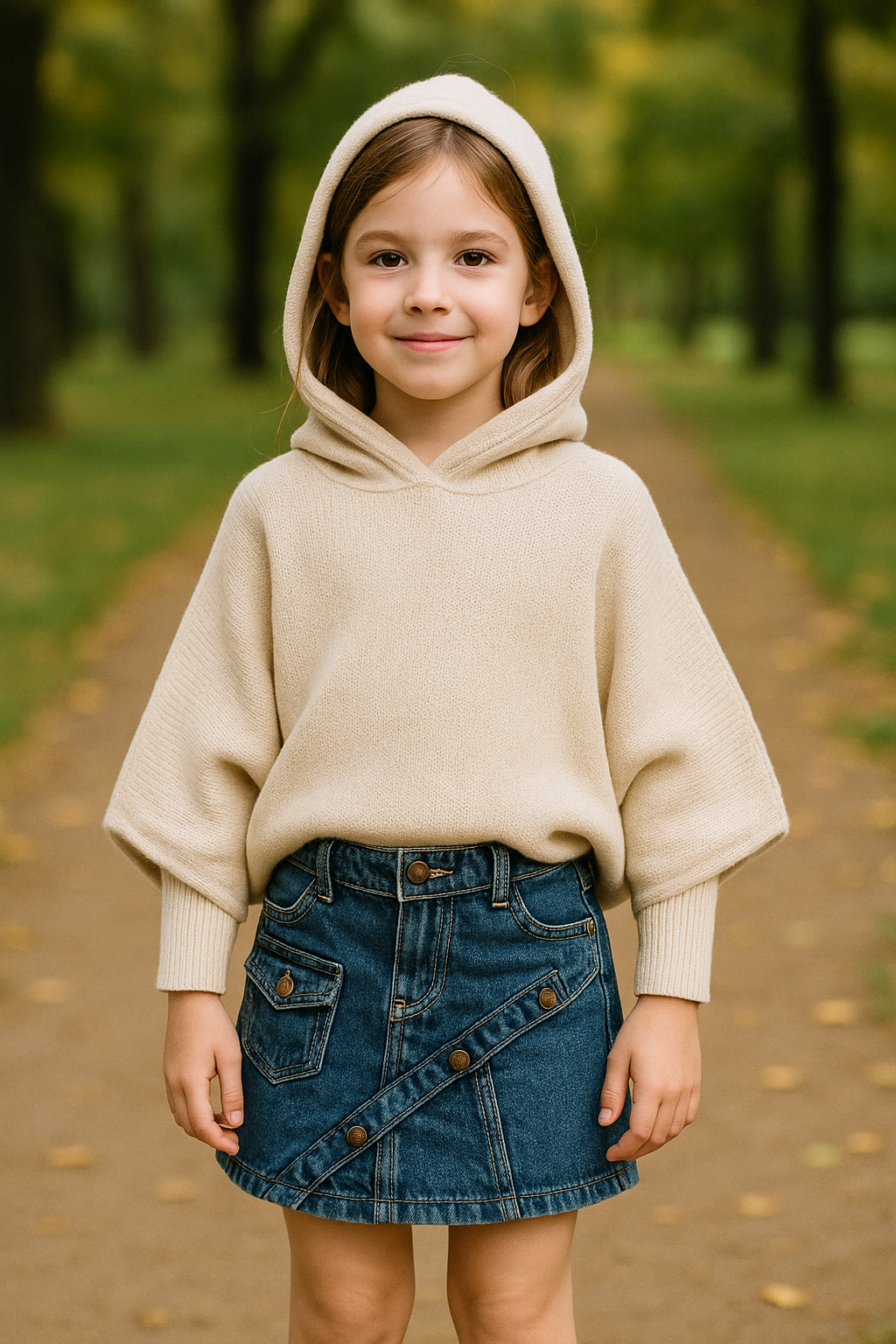 Kız Çocuk Kapüşonlu Triko Sweatshirt Asimetrik Kesim Kot Etek 2'li TakımAlt-Üst TakımHilal Akıncı Kids