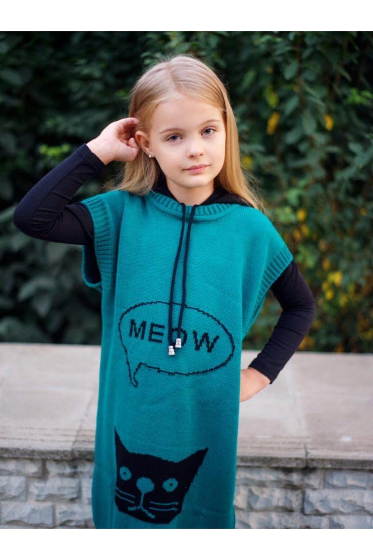 Kız Çocuk Kedi Model Triko Elbise Badi Çorap Üçlü TakımElbiseHilal Akıncı Kids