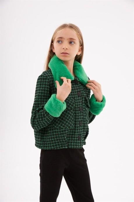 Kız Çocuk Kürk Yakalı Chanel Kumaş Crop Ceket Siyah Ispanyol Paça Tayt 2'li TakımAlt - Üst TakımHilal Akıncı Kids