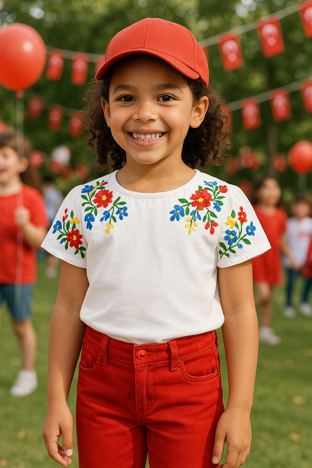 Kız Çocuk Nakış Detaylı Beyaz Bluz Renkli Pantolon Şapka 3'lü TakımAlt-Üst TakımHilal Akıncı Kids