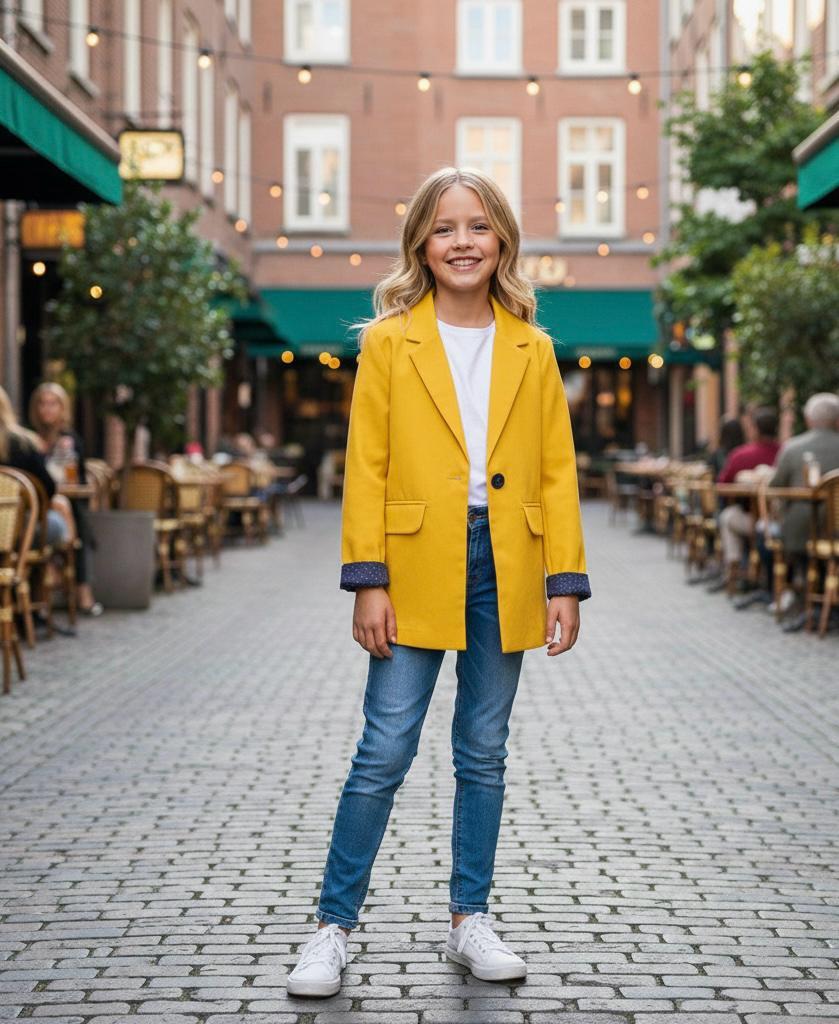 Kız Çocuk Renkli Blazer Ceket Düğmeli Geniş Paça Kot Pantolon 2'li TakımAlt - Üst TakımHilal Akıncı Kids