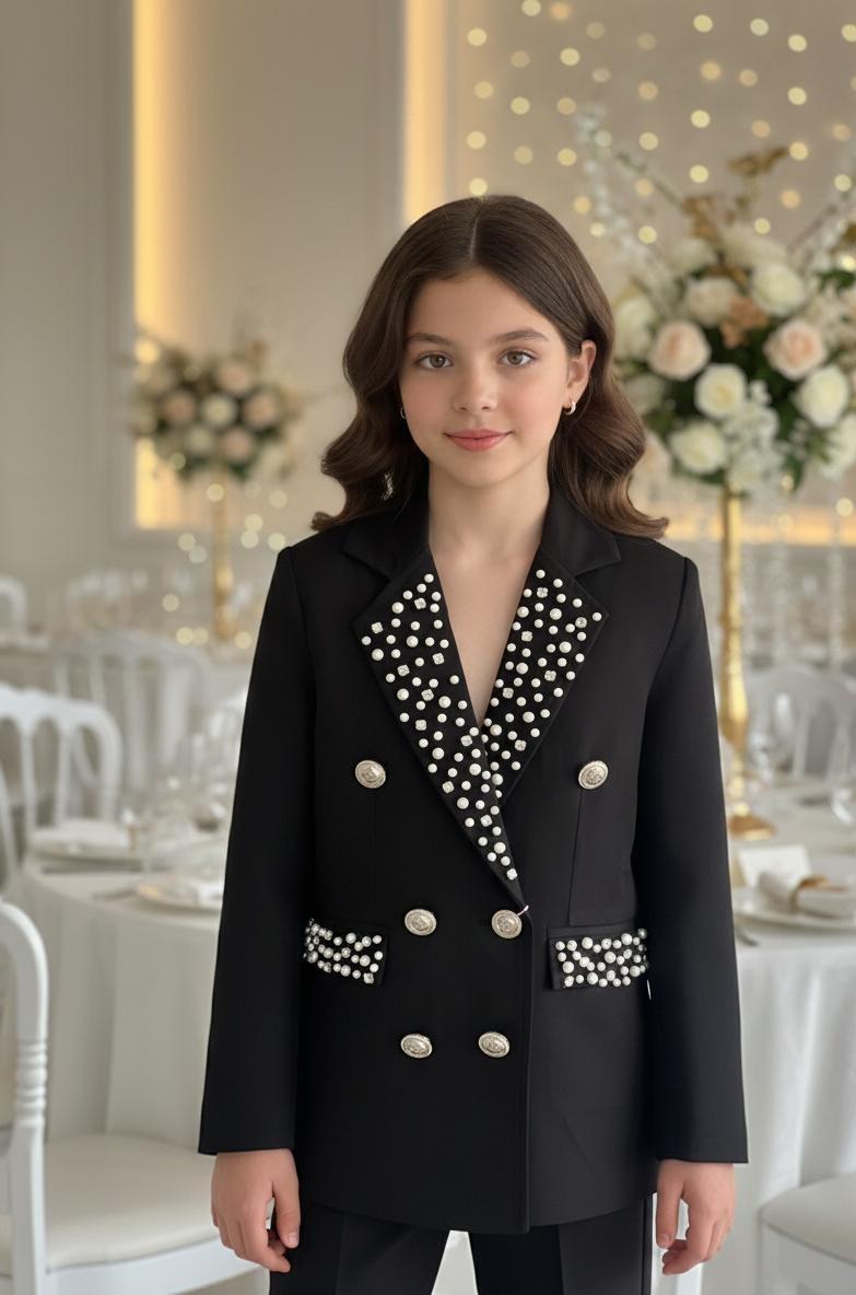 Kız Çocuk Taşlı İnci Detaylı Gold Düğmeli Blazer CeketKız ÇocukHilal Akıncı Kids
