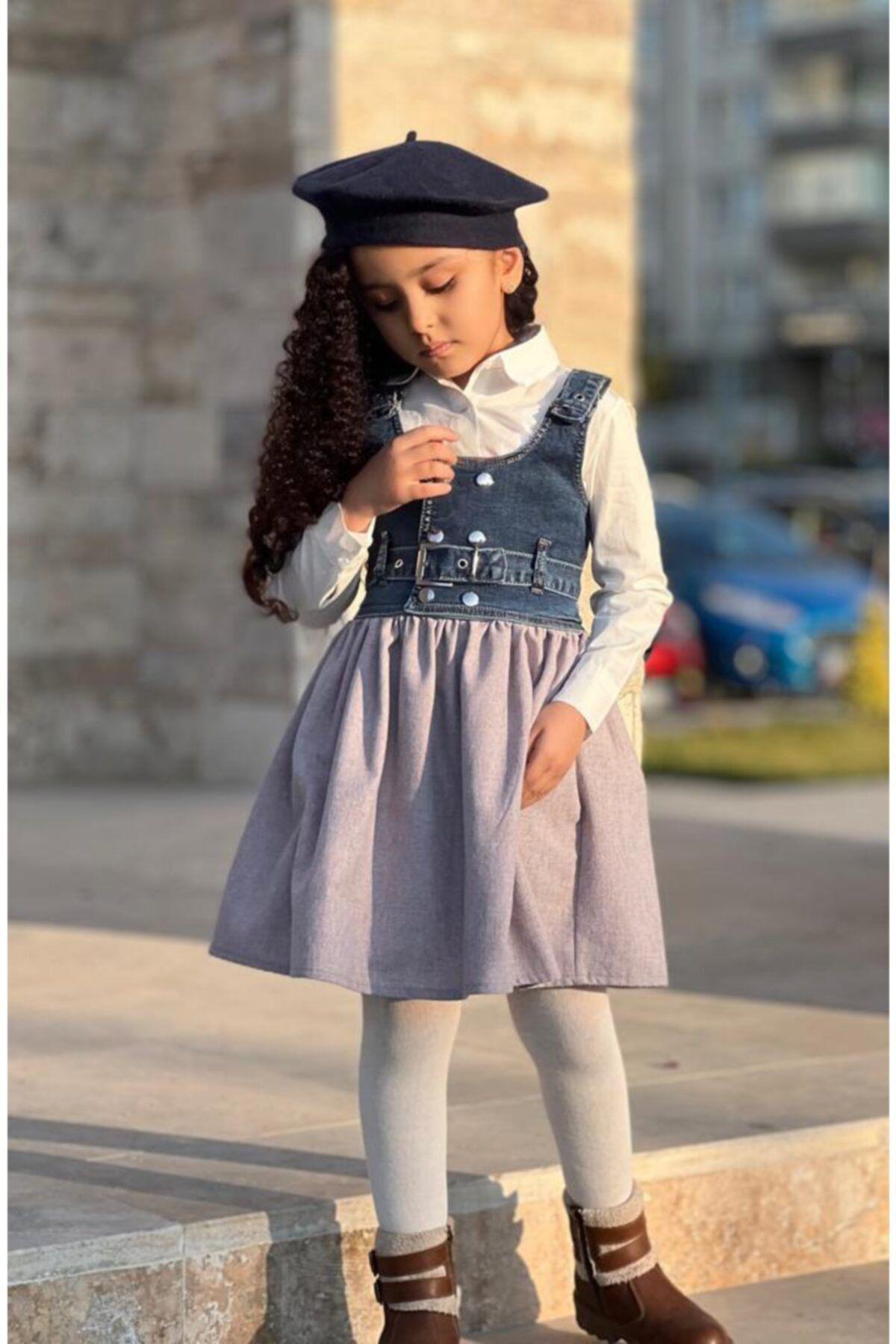 Kız Çocuk Üstü Kot Yelekli Jileli Salopet ElbiseElbiseHilal Akıncı Kids