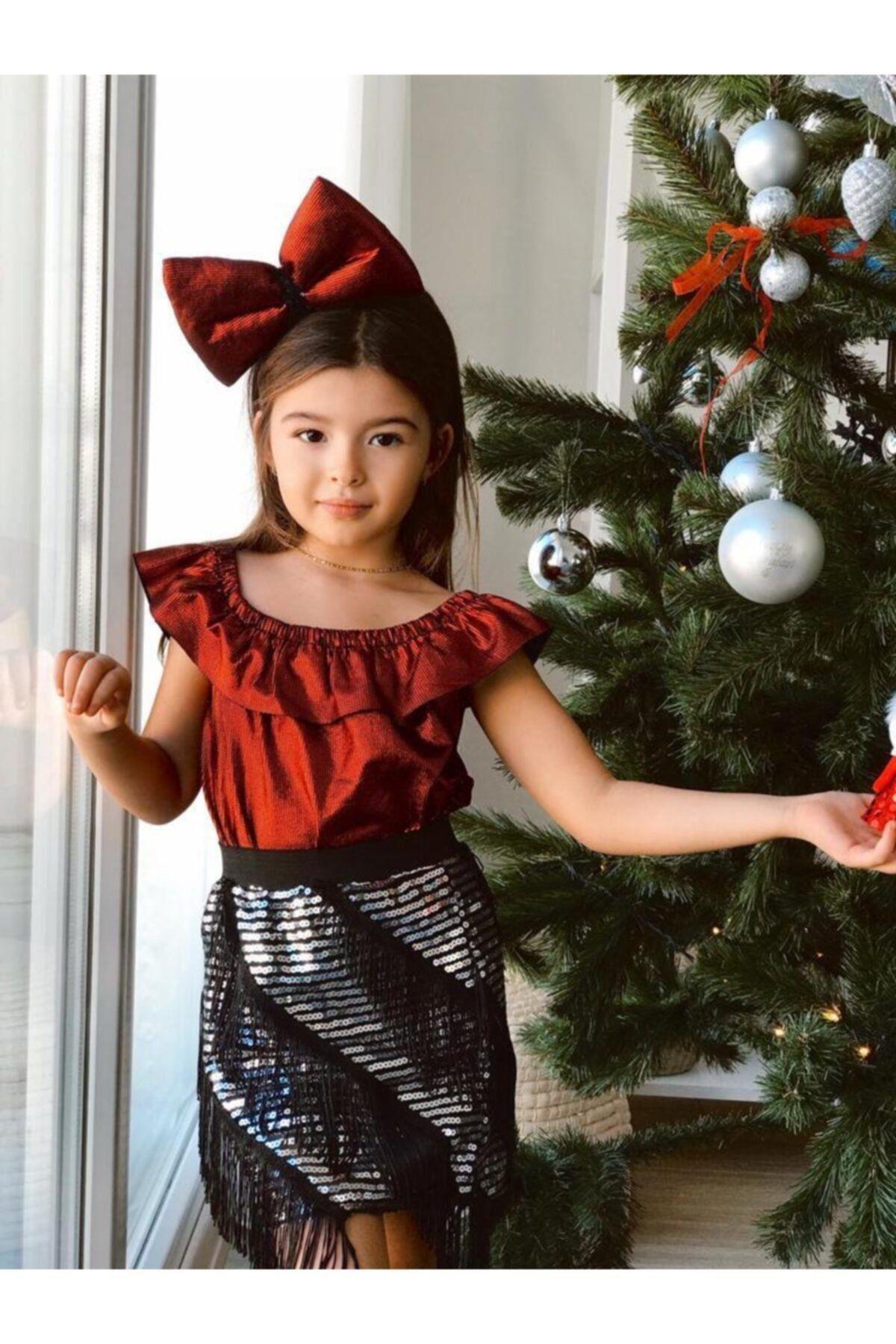 Kız Çocuk Varaklı Kırmızı Bluz Saçaklı Etek Taç TakımAlt - Üst TakımHilal Akıncı Kids