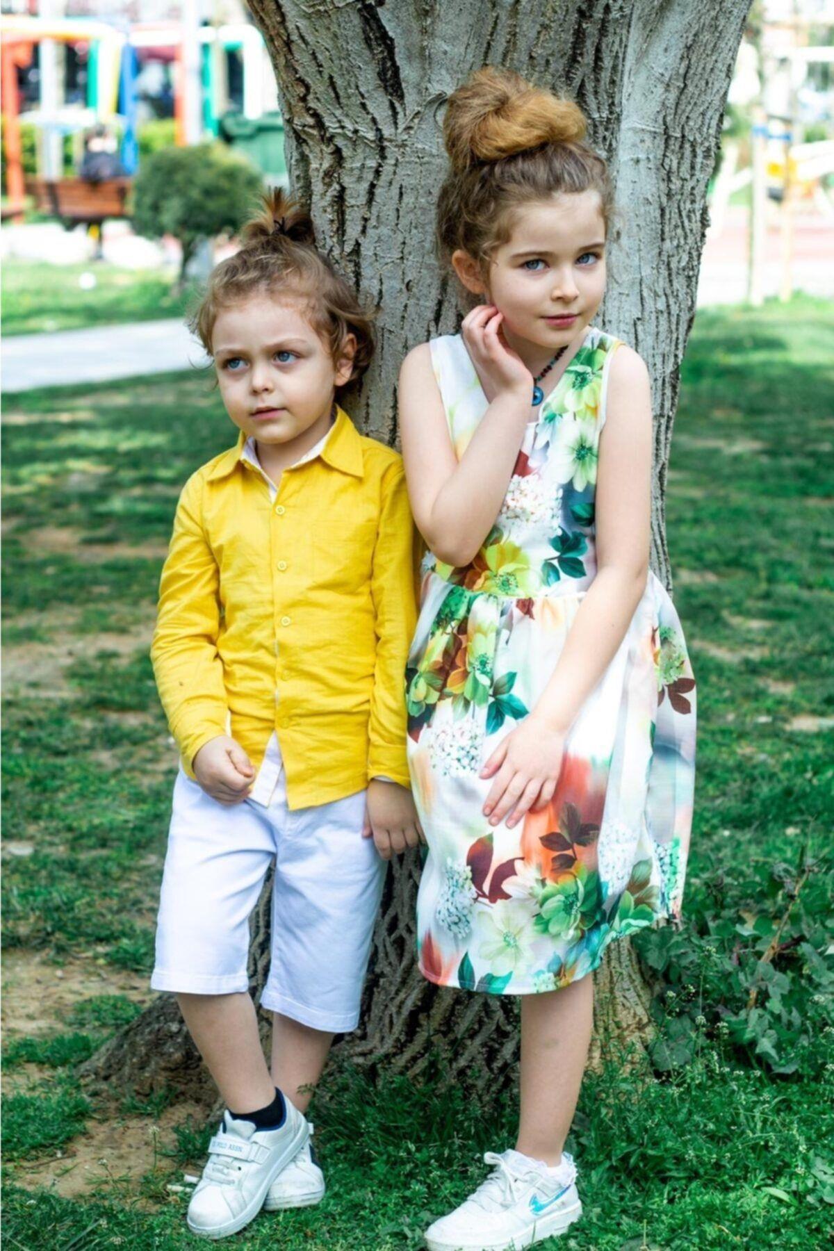 Kız Erkek Kombin Renkli Gömlek Beyaz Şort 2'li TakımAlt - Üst TakımHilal Akıncı Kids