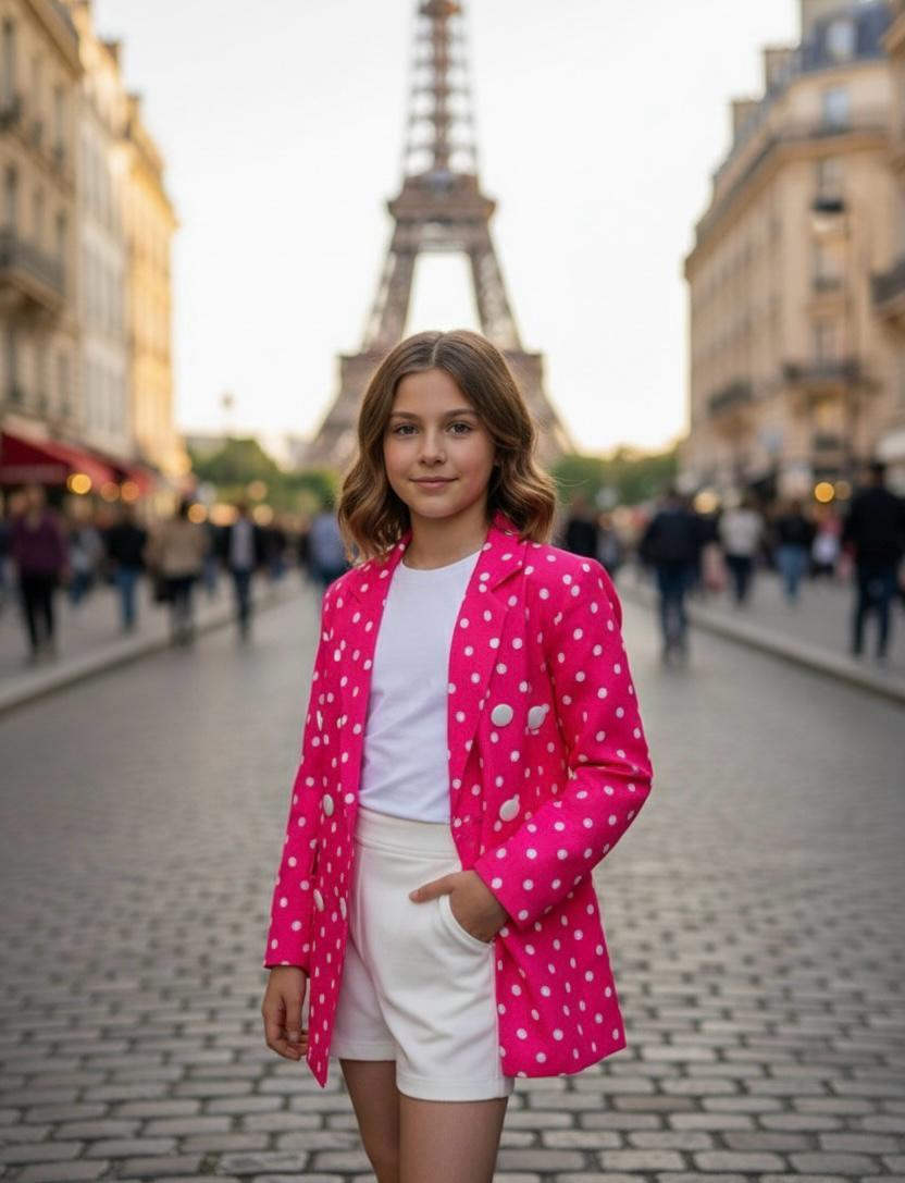 Puantiyeli Blazer Ceket ve Beyaz Şort TakımKız ÇocukHilal Akıncı Kids
