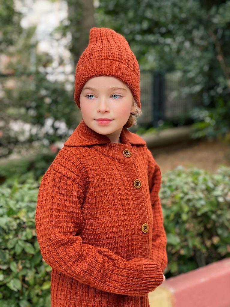 Unısex Düğmeli Oversize Bordo Triko Hırka Bere 2'li TakımHırkaHilal Akıncı Kids