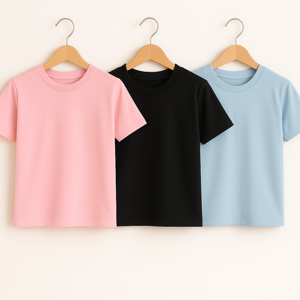 Basic Bisiklet Yaka Pembe-Siyah-Mavi 3'lü T-shirtKız ÇocukHilal Akıncı Kids