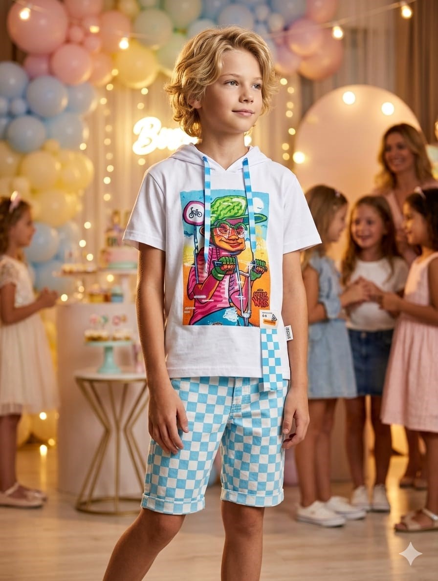 Erkek Çocuk Bisiklet Baskılı Kapüşonlu Tişört Damalı Kot Şort 2'li TakımAlt-Üst TakımHilal Akıncı Kids