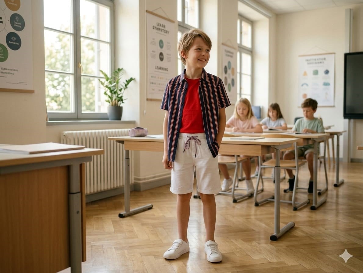 Erkek Çocuk Çizgili Viskon Gömlek Ve Beyaz Şortlu 2´li Takım Alt-Üst TakımHilal Akıncı Kids