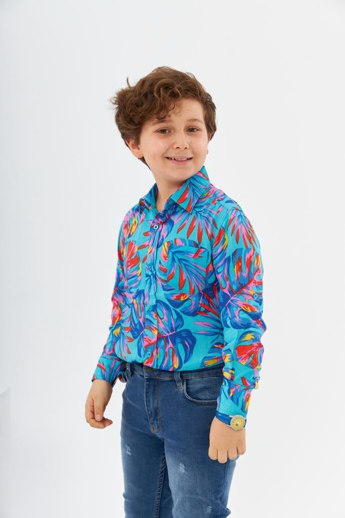 Erkek Çocuk Hawai Model Uzun Kollu Gömlek Kot Pantolon 2'li TakımAlt-Üst TakımHilal Akıncı Kids