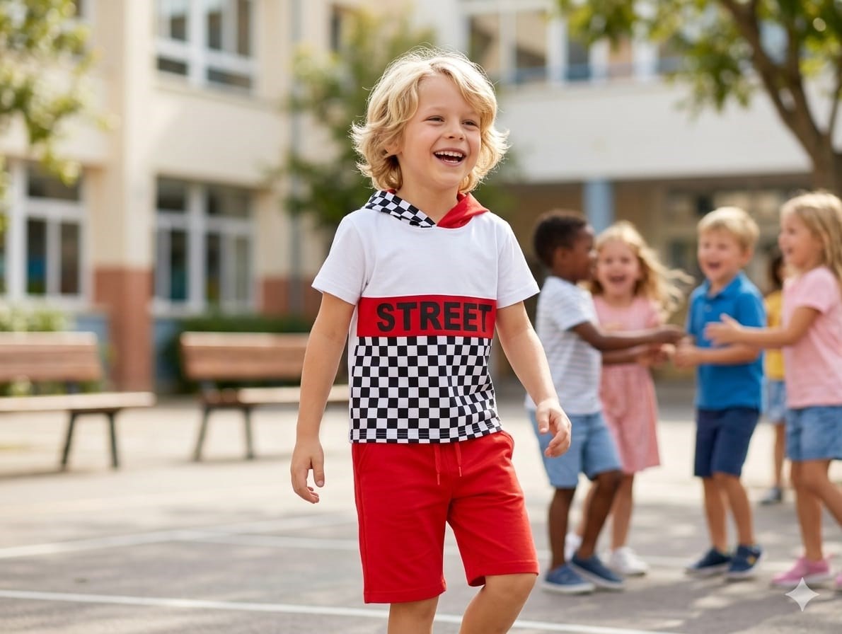 Erkek Çocuk Kırmızı Street Model Kısa Kollu Sweatshırt Zincirli Şortlu Eşofman Takım B-114Alt-Üst TakımHilal Akıncı Kids