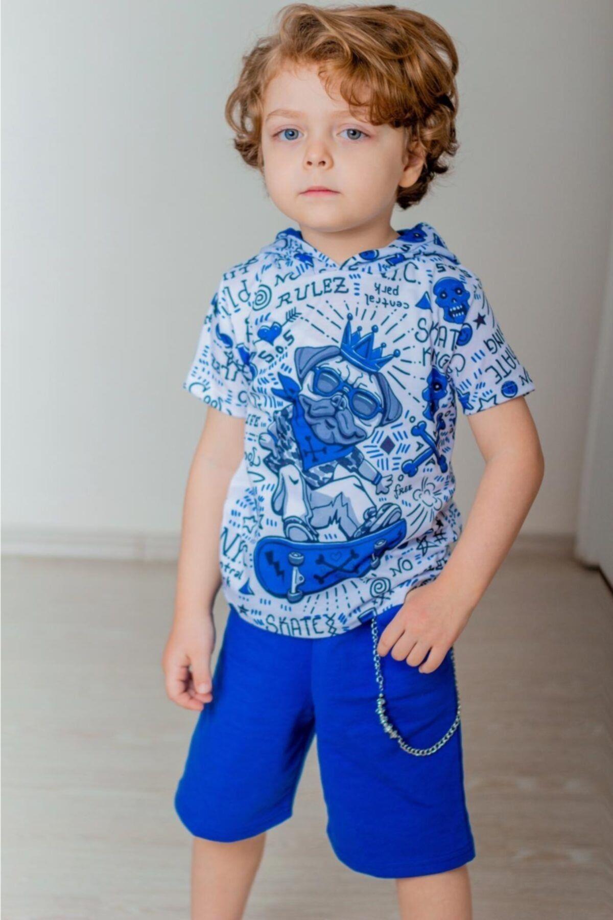 Erkek Çocuk Mavi Kapüşonlu Kral Köpek Model Kısa Kollu Sweatshirt Şort Zincirli Eşofman Takım B-113Alt - Üst TakımHilal Akıncı Kids