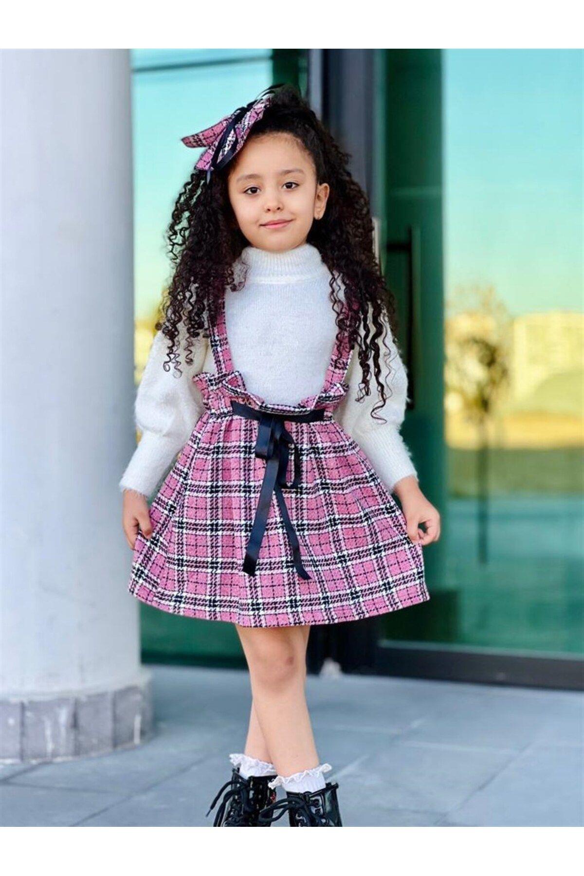 Kız Çocuk Beyaz Triko Kazak Salopet Etek Toka 3'lü TakımAlt - Üst TakımHilal Akıncı Kids