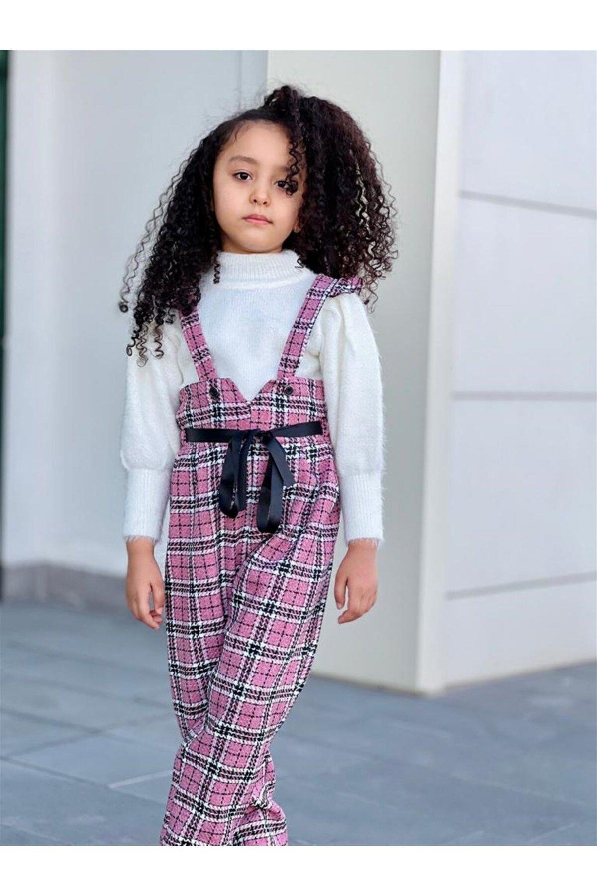 Kız Çocuk Beyaz Triko Kazak Salopet Pantolon Toka 3'lü TakımAlt - Üst TakımHilal Akıncı Kids