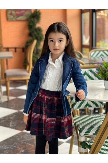 Kız Çocuk Blazer Kot Ceket Beyaz Gömlek Ekoseli Etek 3lü TakımAlt-Üst TakımHilal Akıncı Kids