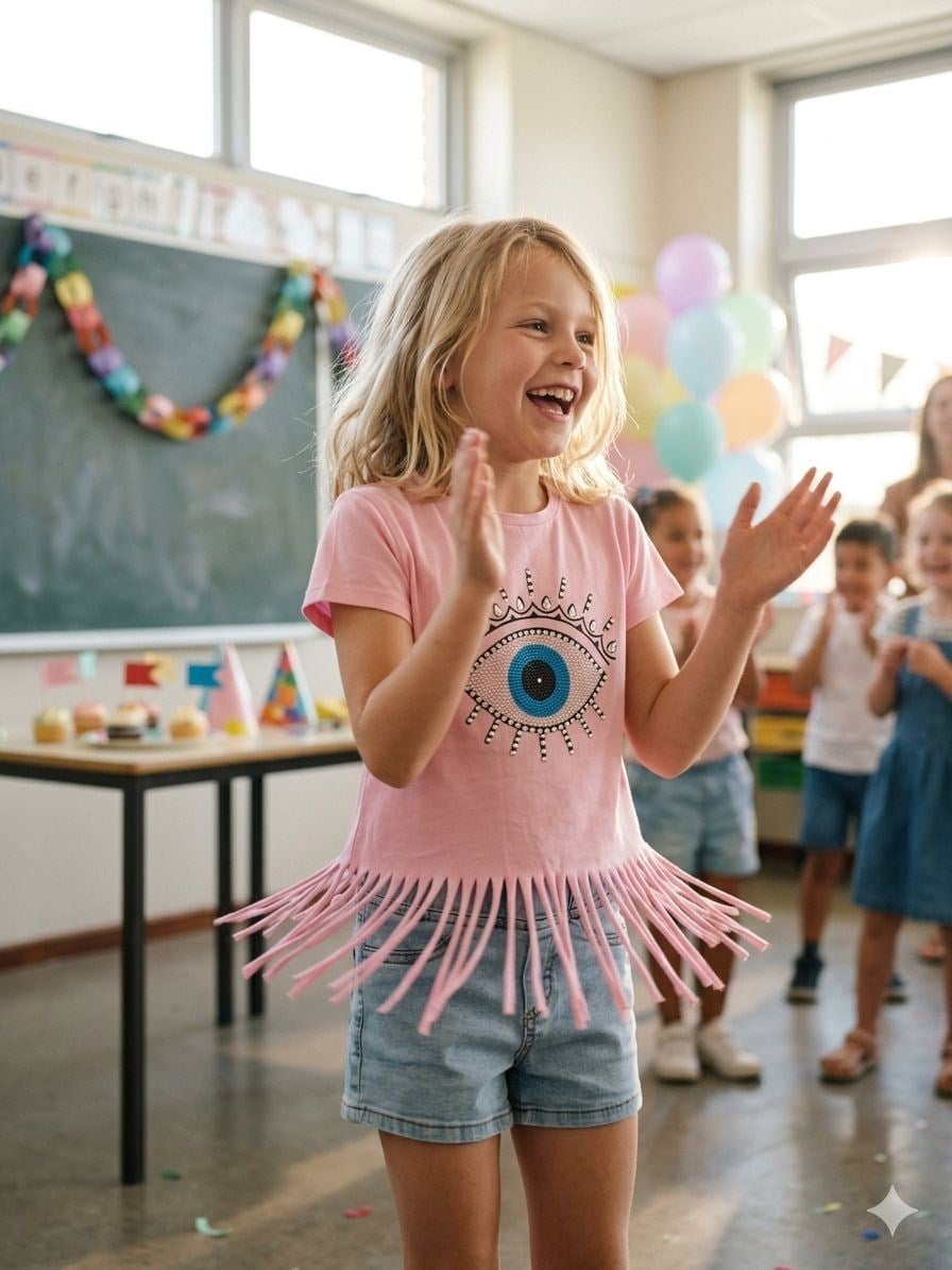Kız Çocuk Bohem Tarz Göz Baskılı Saçak Deteylı Tişört Ve Kot Şort 2`li Takım Alt-Üst TakımHilal Akıncı Kids