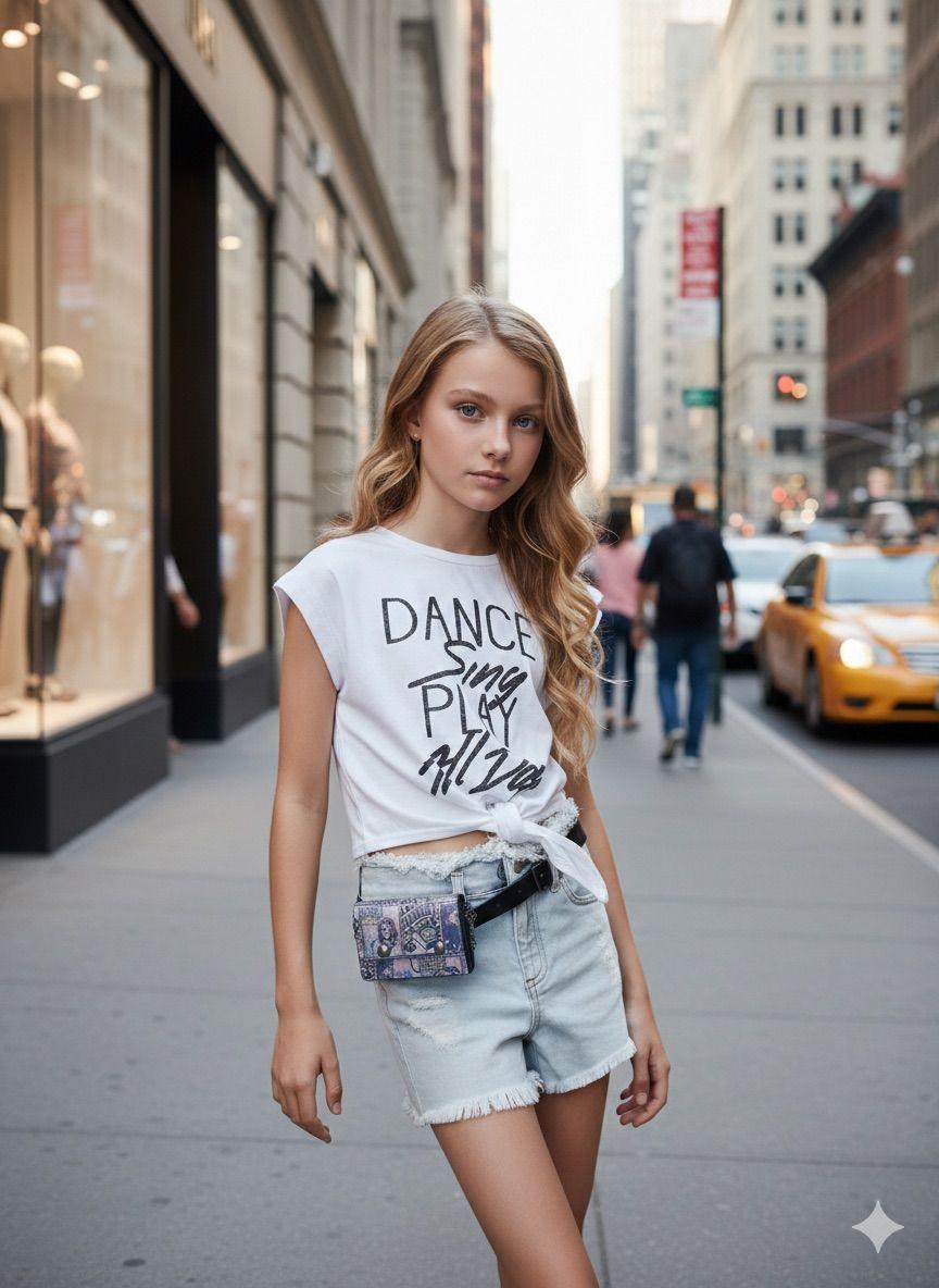 Kız Çocuk Dance Baskılı Tişört Kot Şort Bel Çantası 2 Adet File Çorap Beşli TakımAlt-Üst TakımHilal Akıncı Kids