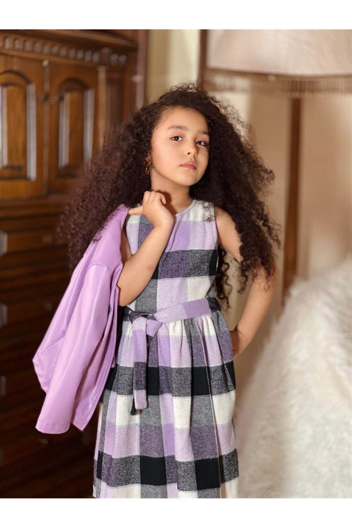 Kız Çocuk Deri Ceket Oduncu Kumaş Elbise 2'li TakımElbiseHilal Akıncı Kids