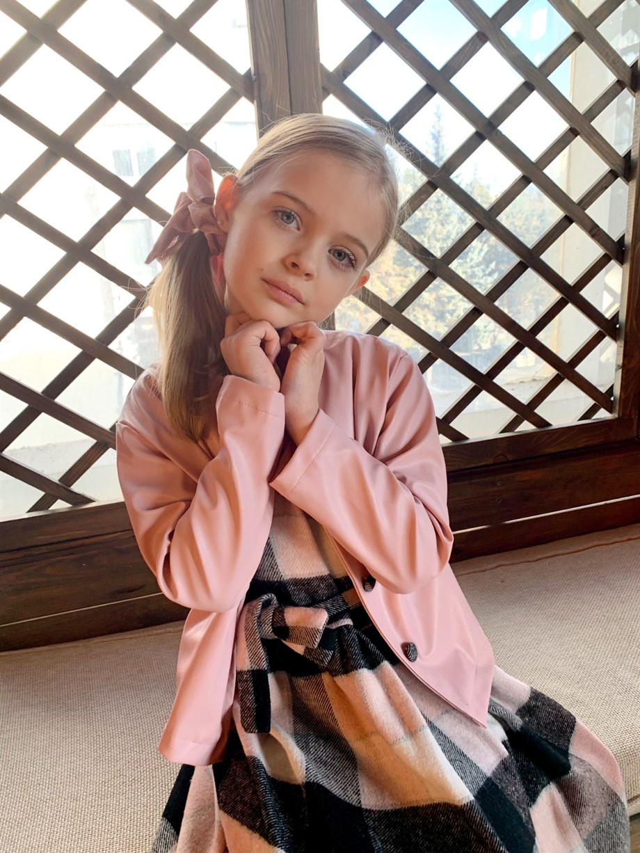 Kız Çocuk Deri Ceket Oduncu Kumaş Elbise 2'li Takım