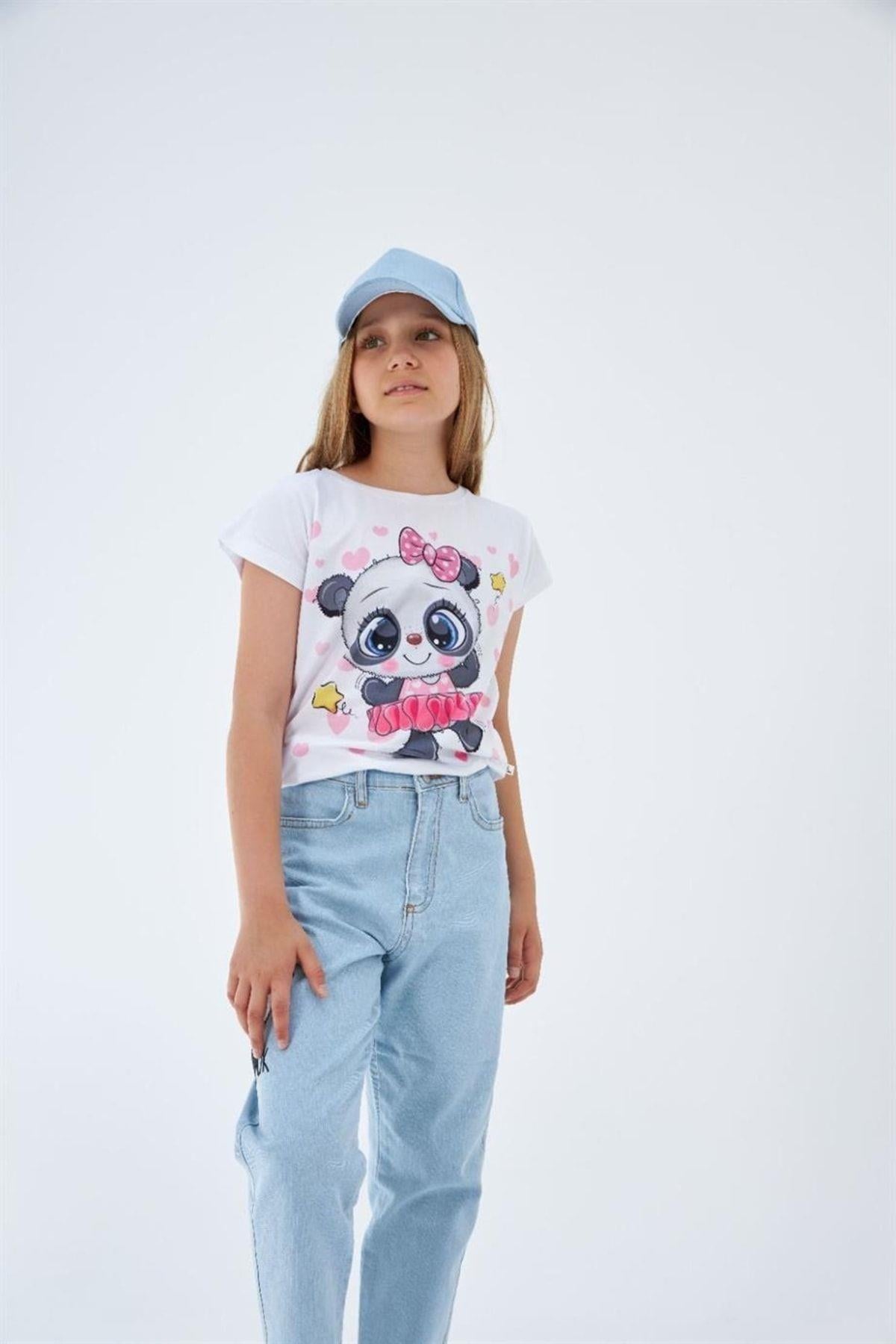 Kız Çocuk Desenli Tişört Panda Baskılı Kot Pantolon Mavi Şapka 3'lü TakımAlt-Üst TakımHilal Akıncı Kids