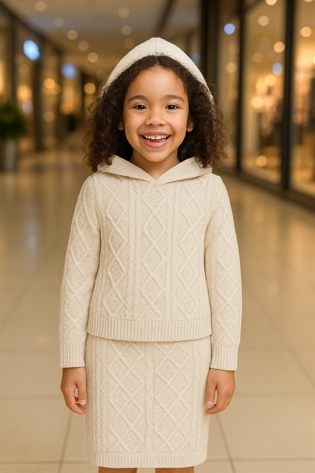 Kız Çocuk Kapüşonlu Cepli Beyaz Triko Sweatshirt Triko Etek 2'li TakımAlt-Üst TakımHilal Akıncı Kids