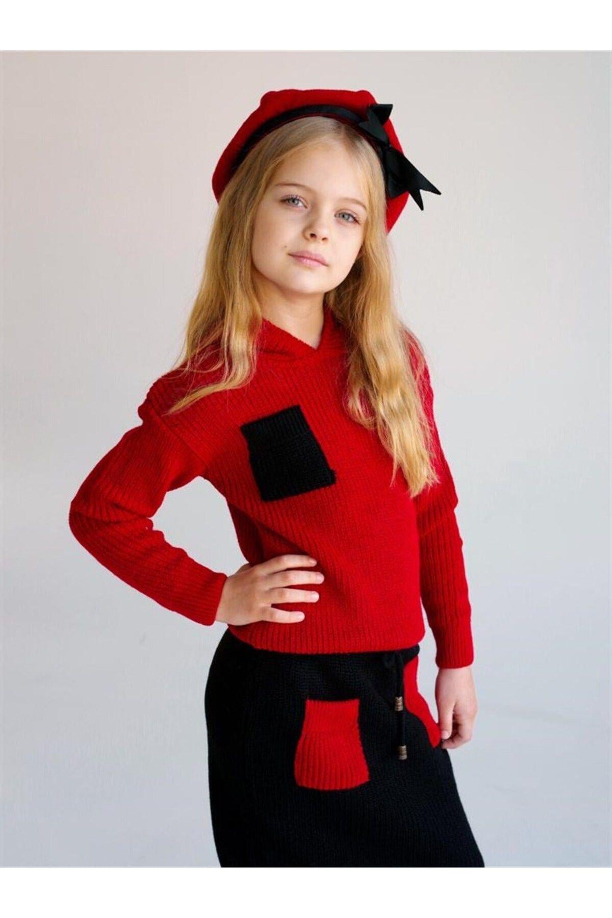 Kız Çocuk Kapüşonlu Triko Sweatshirt Renkli Cepli Etek 3'lü TakımAlt - Üst TakımHilal Akıncı Kids