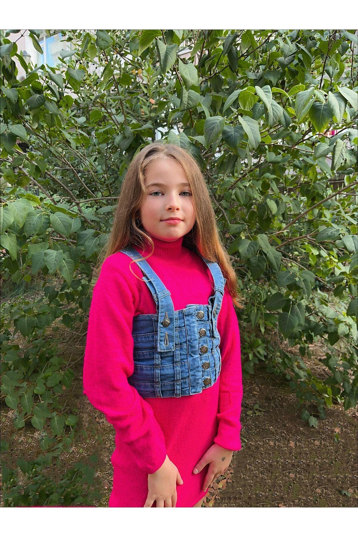 Kız Çocuk Kot Büstiyer Triko Elbise 2'li TakımElbiseHilal Akıncı Kids