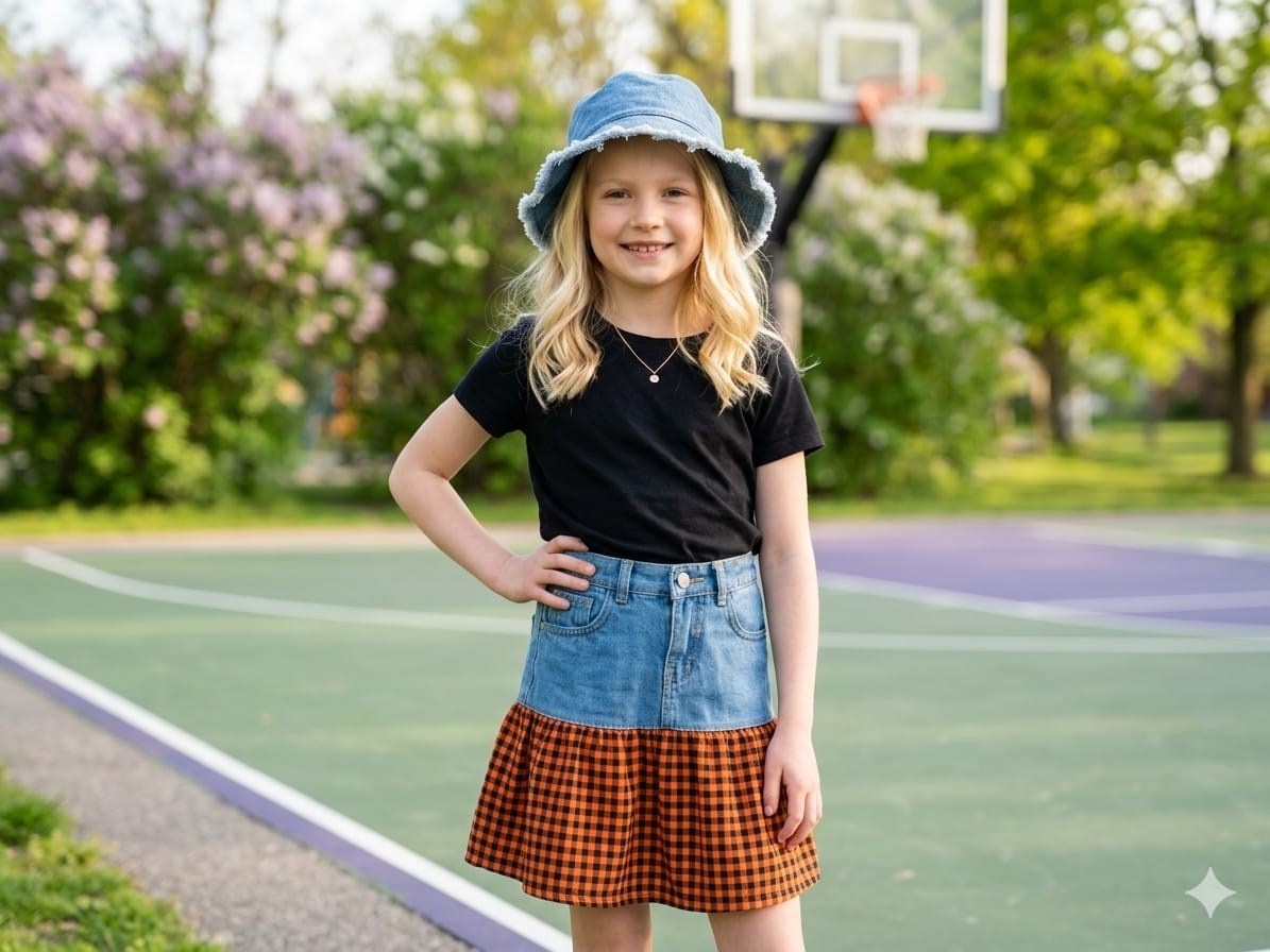 Kız Çocuk Kot Ve Dokuma Kumaş Karışımlı Pileli EtekEtekHilal Akıncı Kids