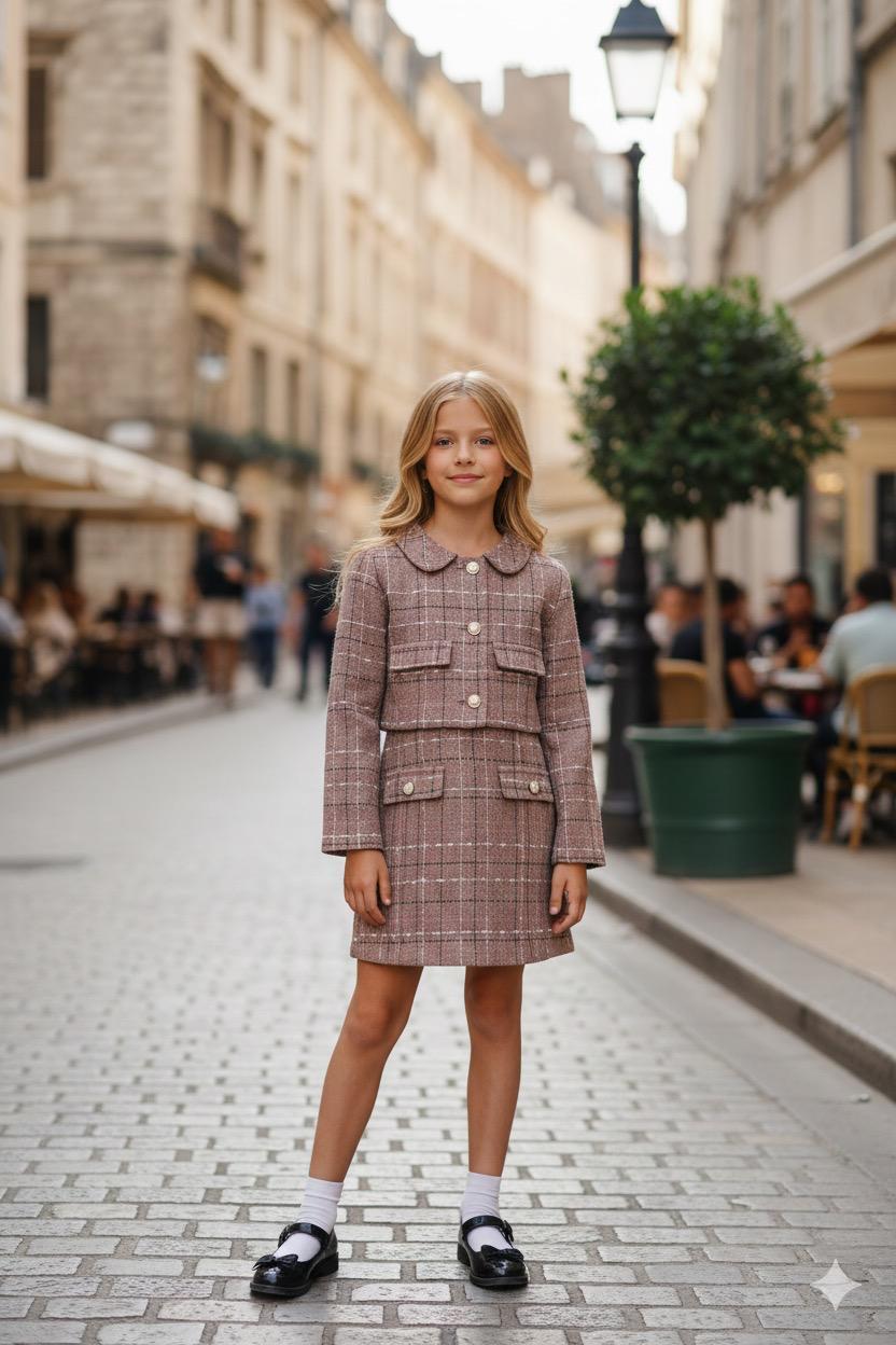 Kız Çocuk  Kumaş Gold Düğmeli Crop Ceket Süs Cep Detaylı Etek 2'li TakımAlt-Üst TakımHilal Akıncı Kids