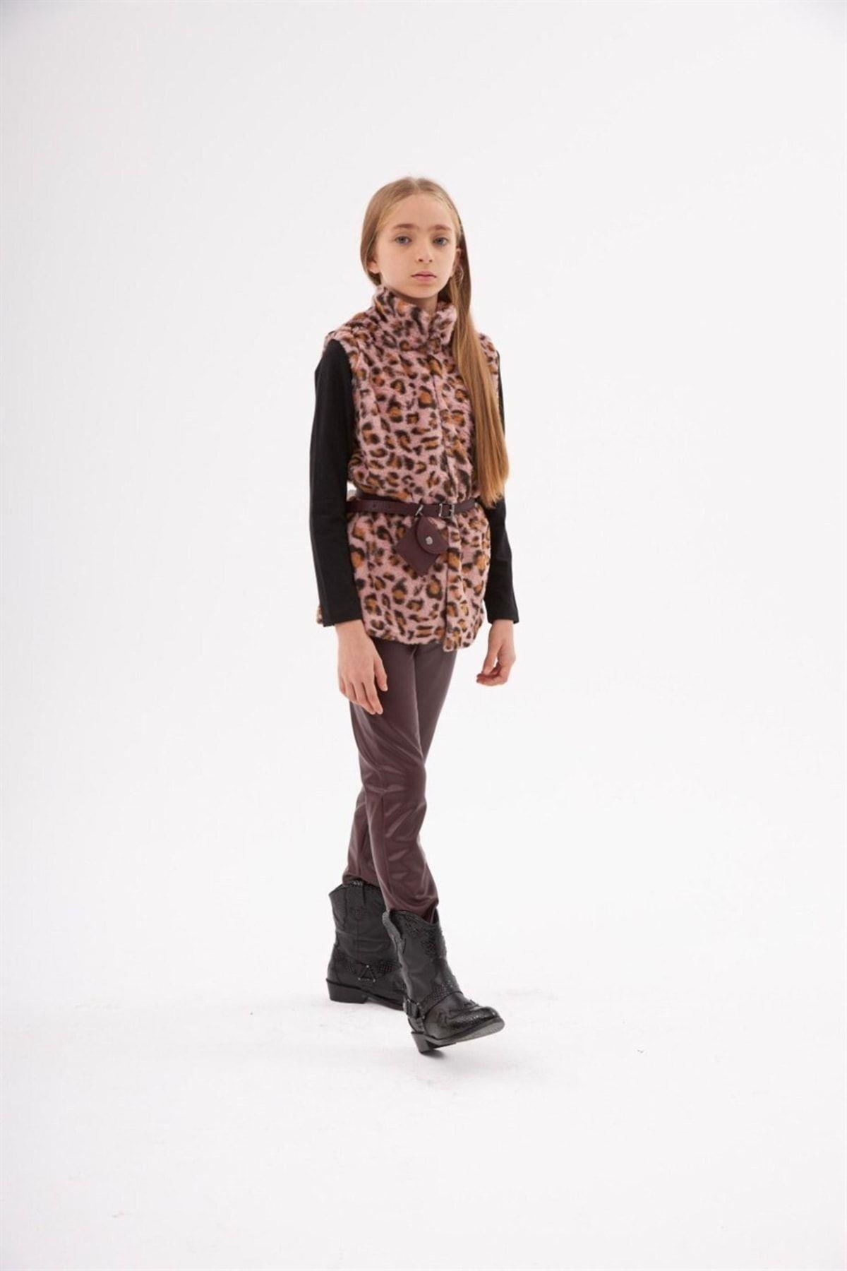Kız Çocuk Leopar Model Peluş Yelek Siyah Badi Içi Kadife Likralı Tayt Bel Çantası 4'lü TakımAlt - Üst TakımHilal Akıncı Kids