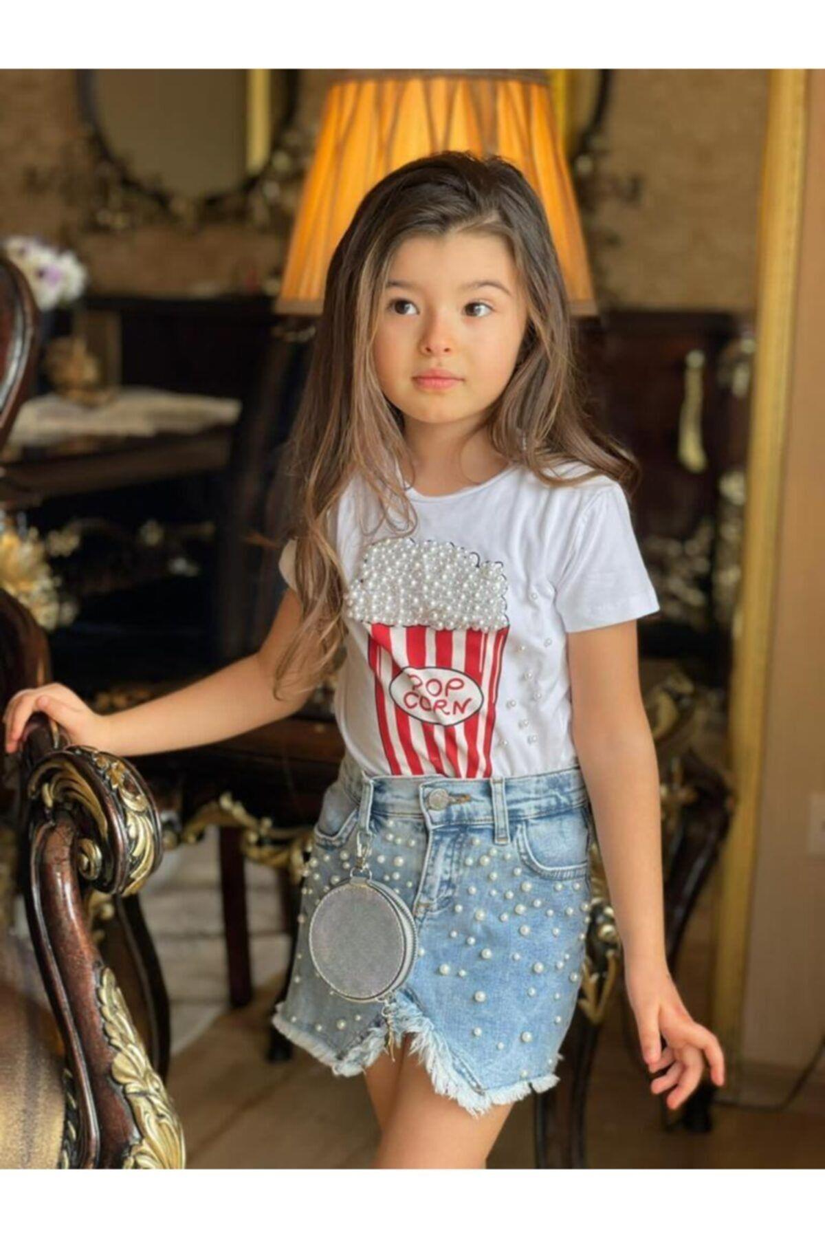 Kız Çocuk Pop Corn Baskılı Bluz Kot Etek Ikili TakımAlt-Üst TakımHilal Akıncı Kids