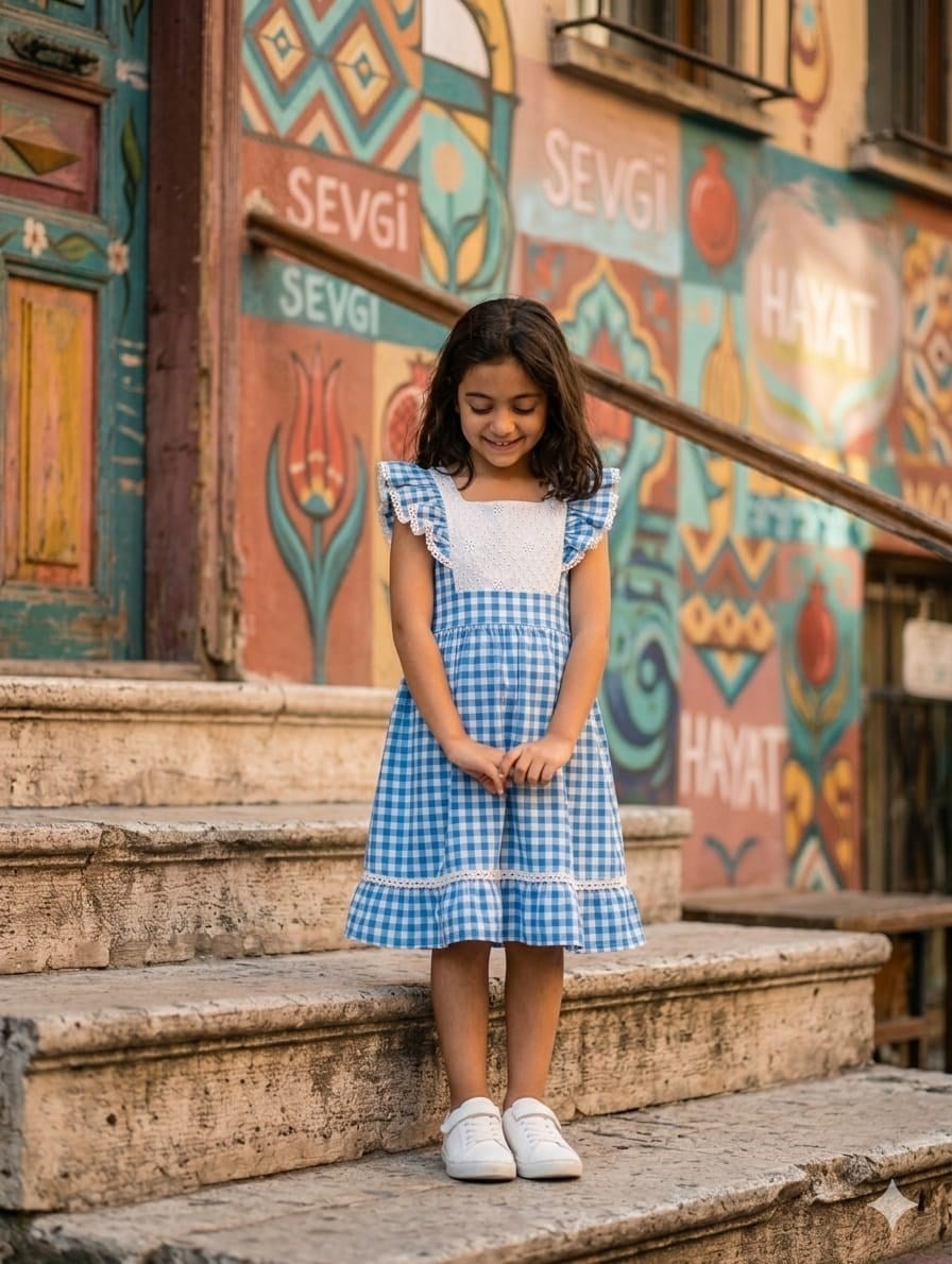 Kız Çocuk Pötikare Desenli Dokuma ElbiseElbiseHilal Akıncı Kids
