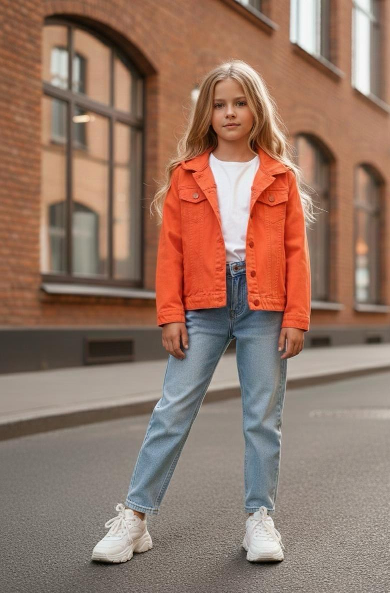 Kız Çocuk Renkli Seyyar Kapüşonlu Mevsimlik Kot CeketCeketHilal Akıncı Kids