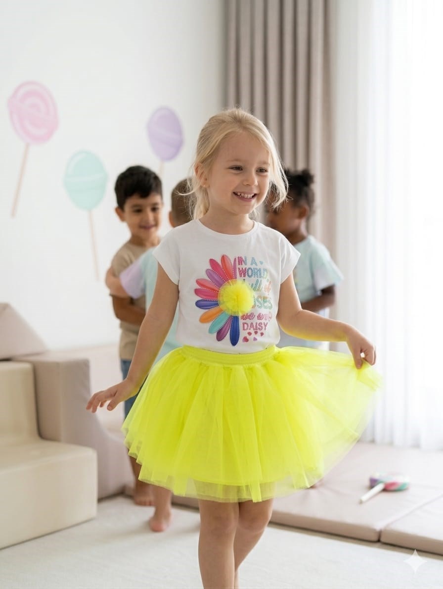 Kız Çocuk Turuncu Renkli Tütü Etek & Baskılı Pamuk Penye 2'li TakımAlt-Üst TakımHilal Akıncı Kids