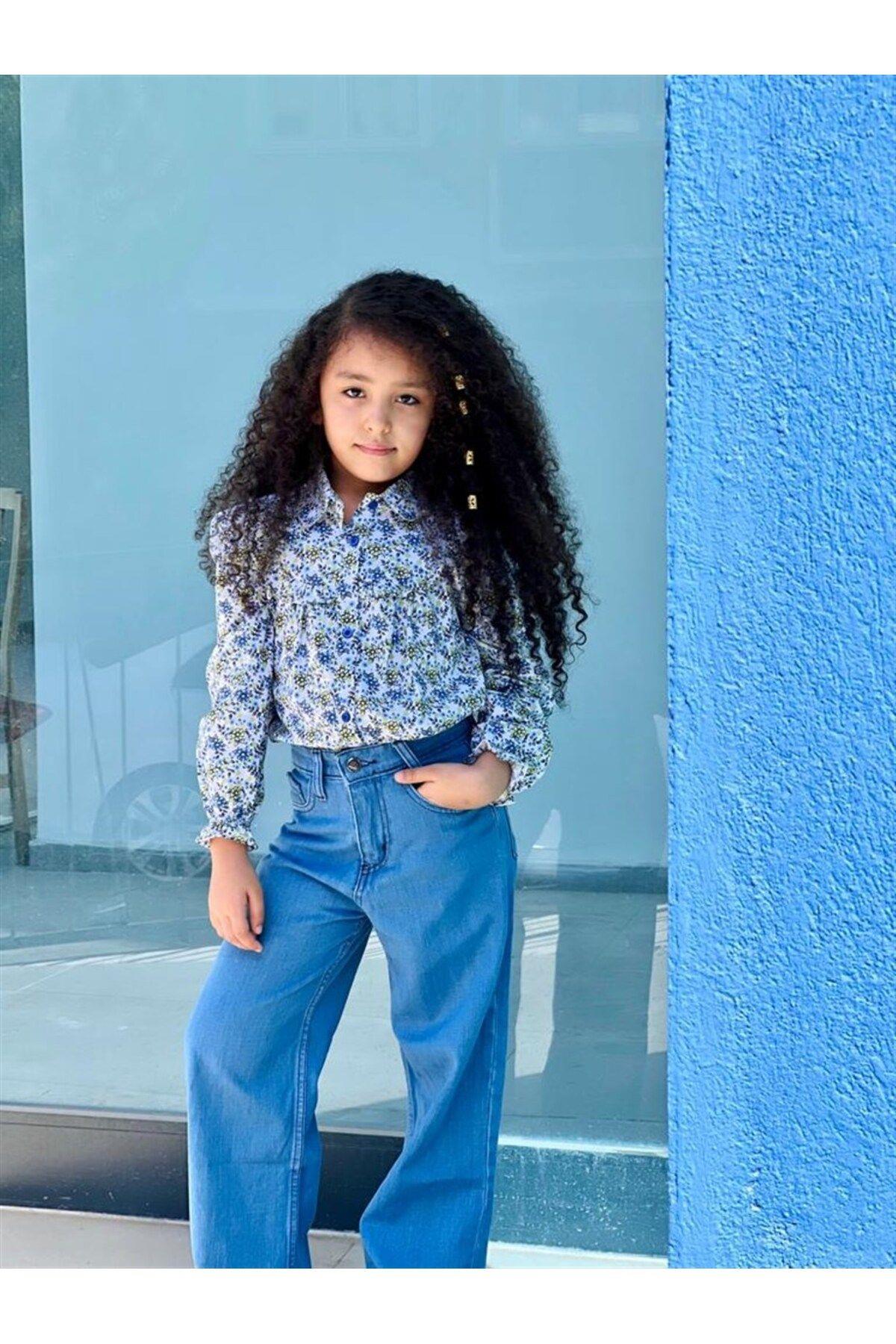 Kız Çocuk Uzun Kollu Çiçek Desenli Gömlek Kot Pantolon 2'li TakımAlt - Üst TakımHilal Akıncı Kids